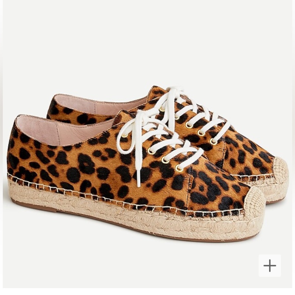 New J.Crew Espadrille Sneakers in Leopard Calf Hair, size 10.